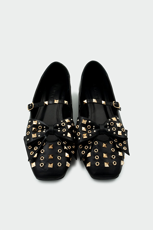 Jetson Staple Detailed Black Bow Ballerina Flats