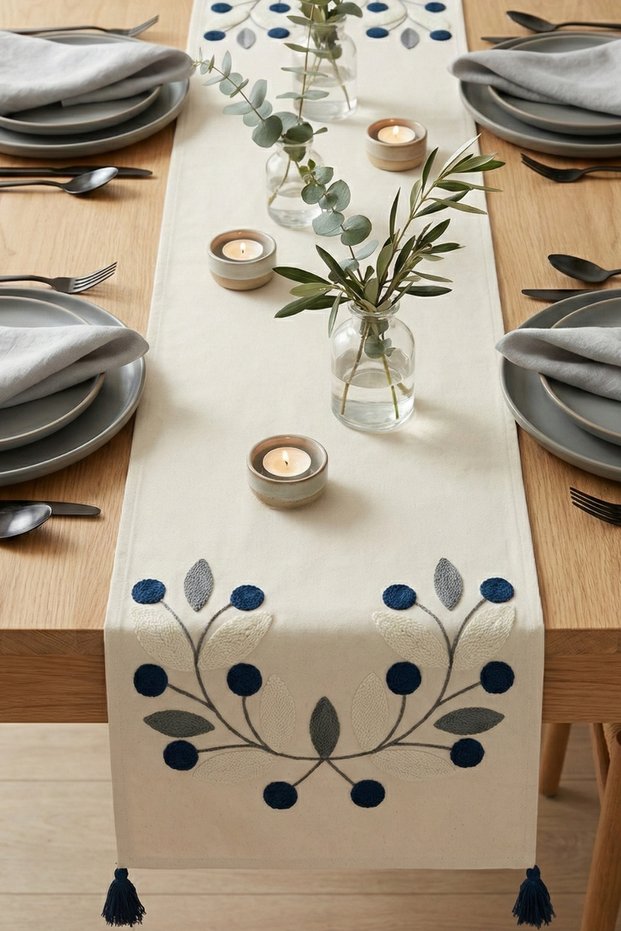 Daisy Pattern Punch Embroidered Tasseled Decorative Bohemian Cotton Runner 40X130 cm