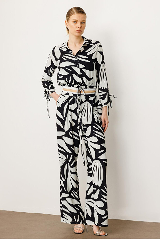 Monochrome Patterned Stylish Design Women's Shirt with Sleeve Detail