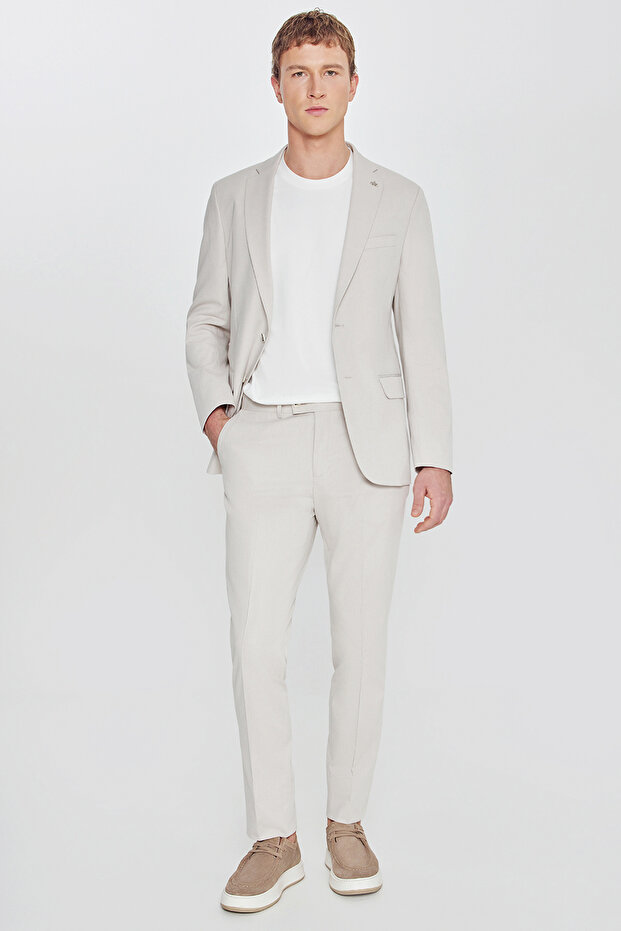 Cotton Slim Fit Slim Fit Mono Collar Diagonal Patterned Flap Pocket Beige Suit