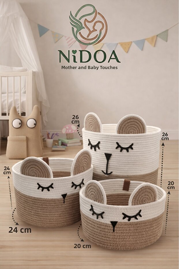 Jute Rope Beige 3-Piece Panda Design Multi-Purpose Children's Room Toy Clothes Dirty Basket Organizer