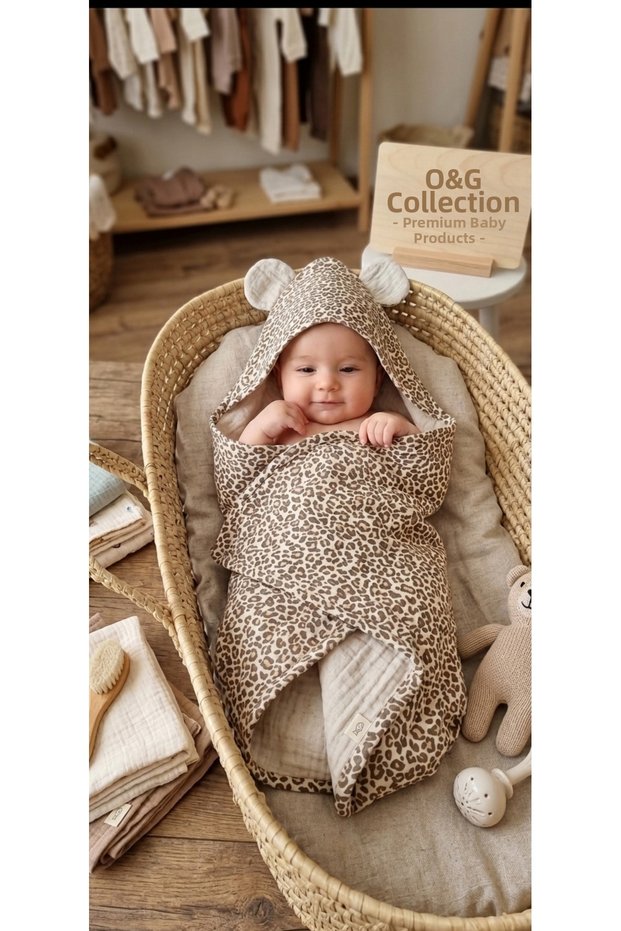 Leopard Patterned 100% Cotton Organic 4 Layer Multi Muslin Baby - Child Towel / Bathrobe / Sea Towel