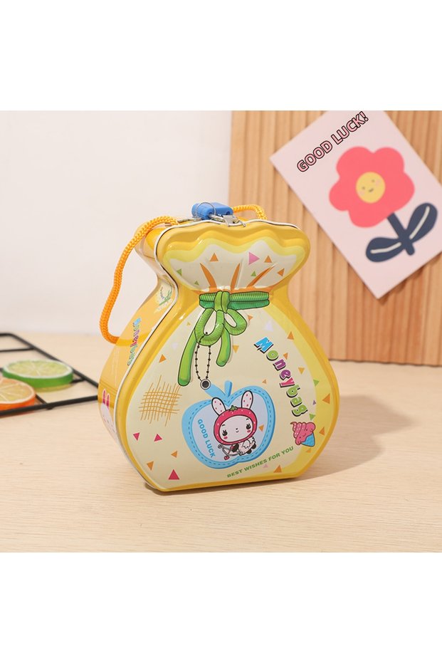 Metal Piggy Bank with Money Bag Figure - Children's Savings Box with Lock and Key, Yellow