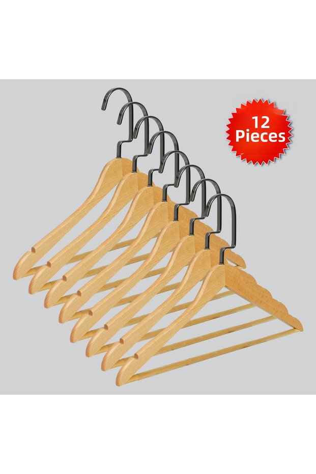 Wooden (Black Nickel Hook) Bar Hanger for Shirts and Trousers, Natural Color, 12 Pieces