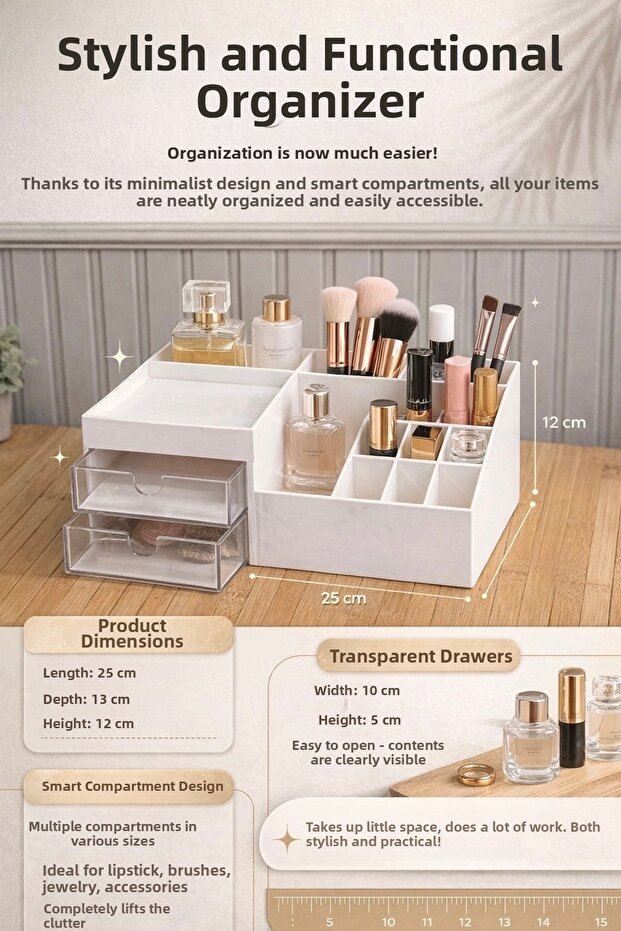 2-Drawer Desk Organizer - Office Pen Holder Compartment Organizer Cosmetic Stand