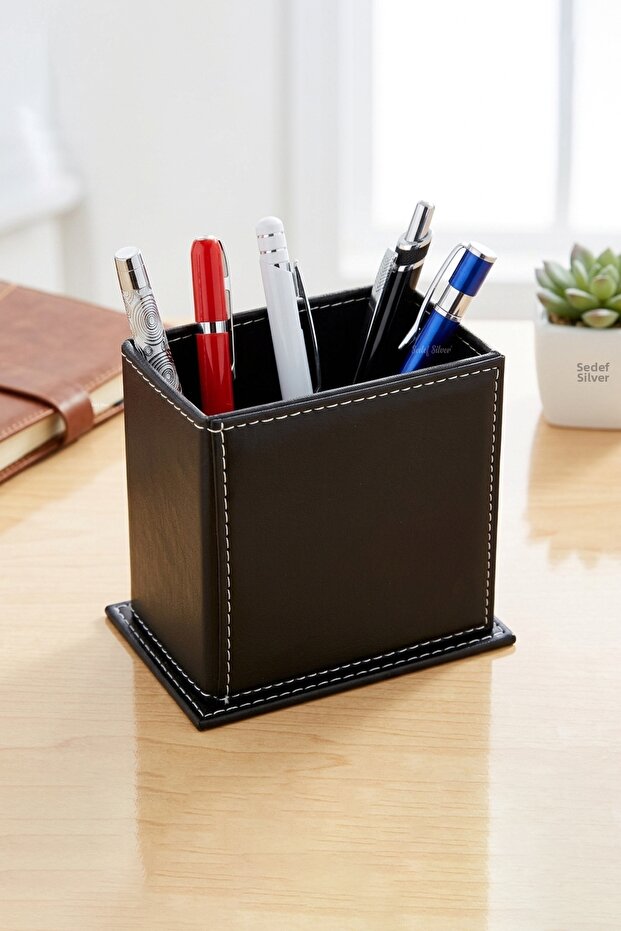 Premium Black Faux Leather Desktop Pen Holder - Stylish White Stitched Office and Study Desk Organizer