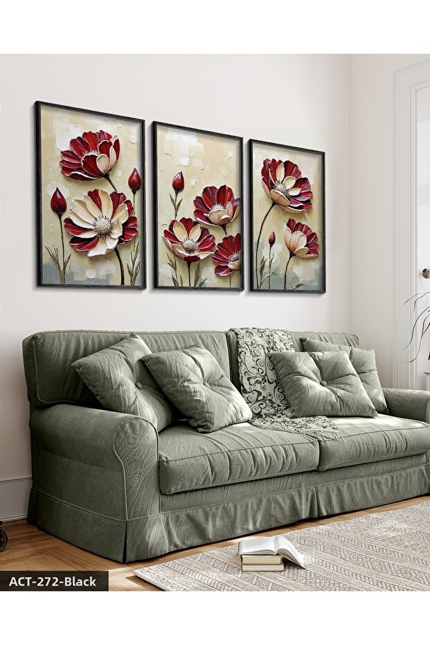 Textured Appearance Flower 3 Piece Black Wooden Framed Painting Act