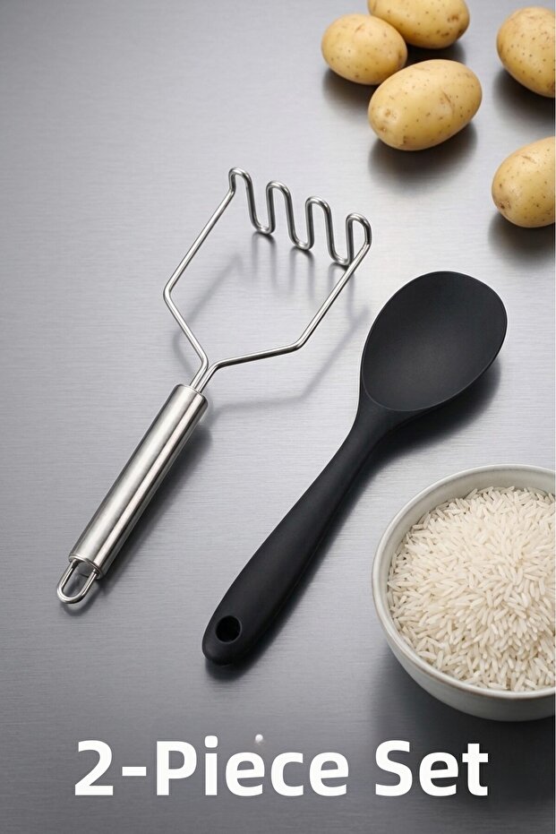 2-Piece Kitchen Set - Stainless Steel Potato Masher and Hard Silicone Rice Serving Spoon