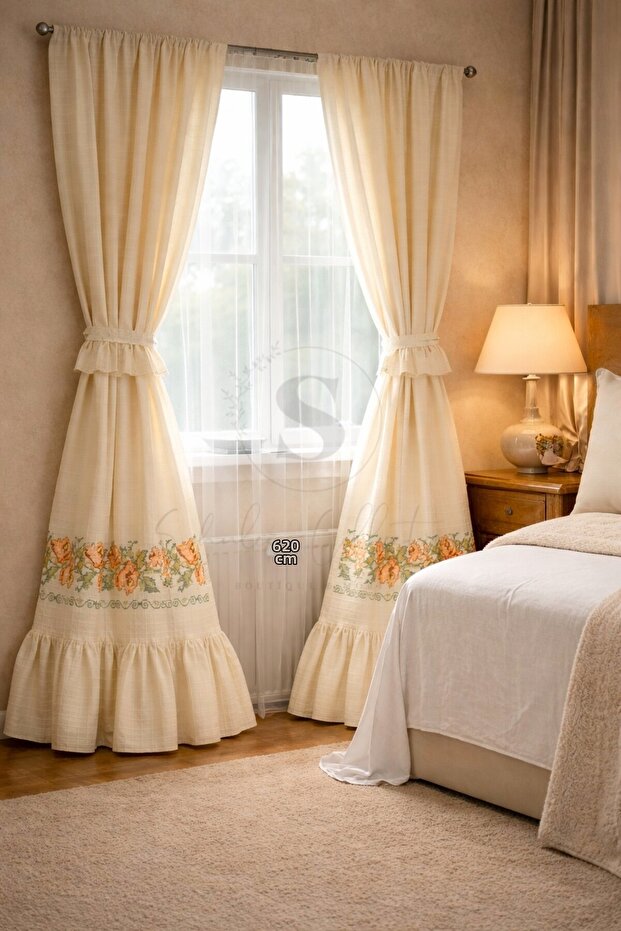 Retro Ruffled Bottom Hem Cross-Stitch Orange Rose Embroidered Ruffled Background Curtain