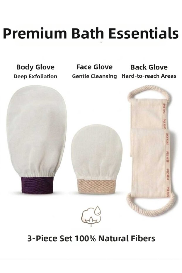 Premium Bath Products Set of 3, Body Exfoliating Glove, Facial Glove, and Back Exfoliating Glove