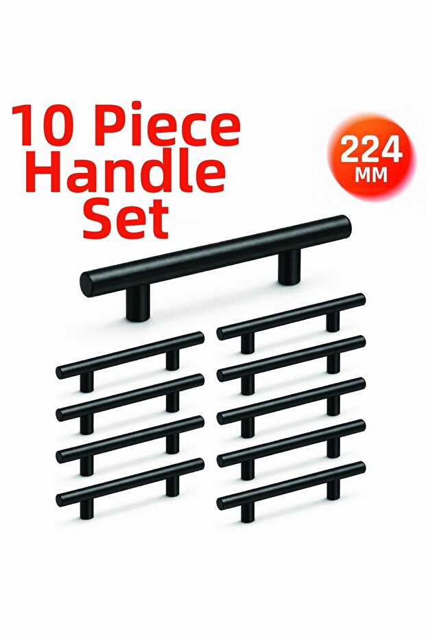 224 mm Metal Furniture Handle – Kitchen Cabinet Drawer Handle, Decorative Handle Set (10 Pieces) Matte Black