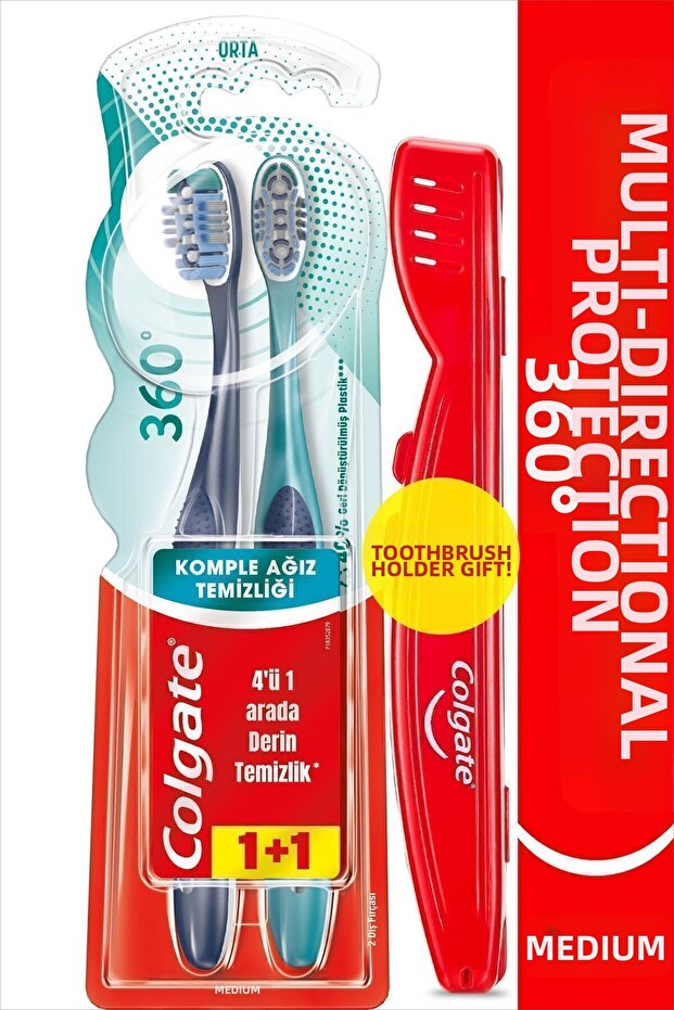 360 Complete Oral Cleaning All-Round Protection Medium Toothbrush 1+1 Oral Care + Brush Container