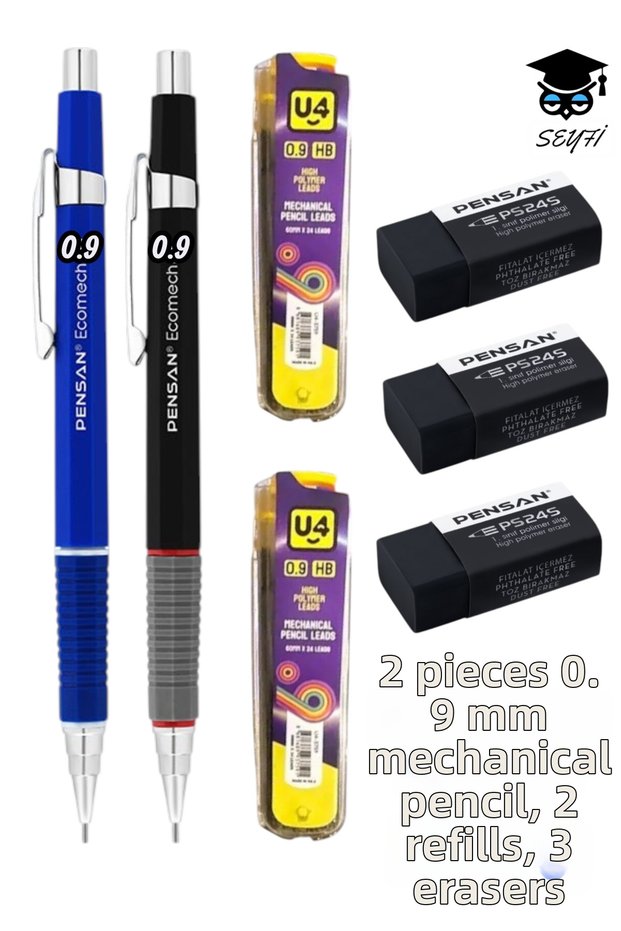 2 Pieces of 0.9 mm Tip Pens, 2 Tube Tips, 3 Pieces of Erasers