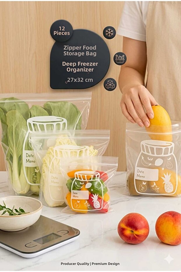 12-Piece Ziplock Food Storage Bag Set 27X32 cm Large Size, Refrigerator and Freezer Organizer
