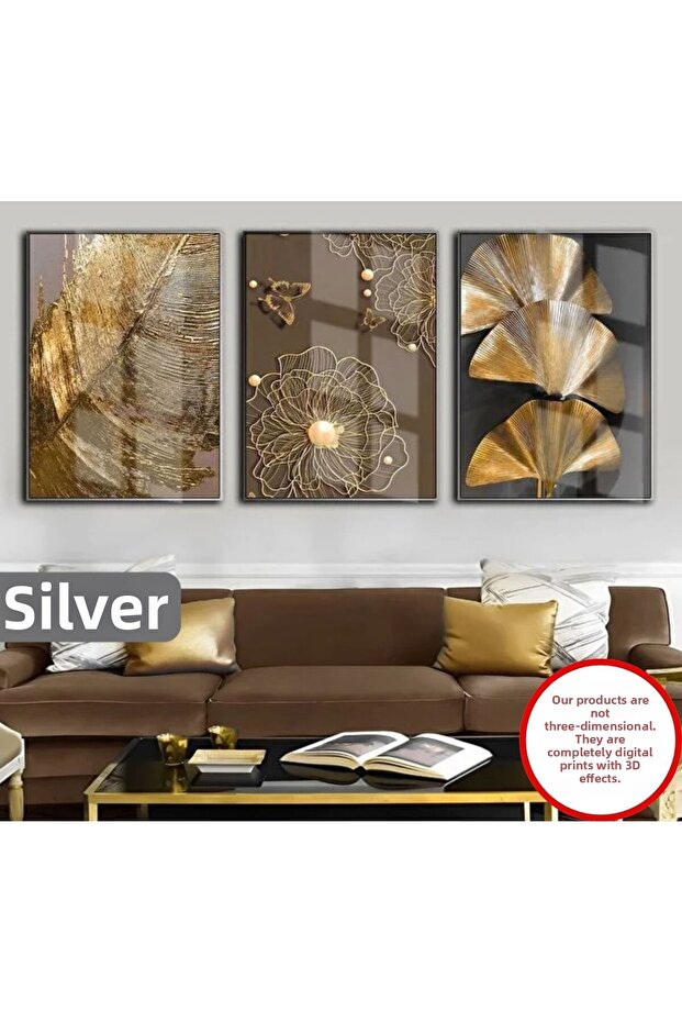 Brown-Gold Stylish Floral Combination Without Embossing | Framed Tempered Glass Table 3-Piece Vertical