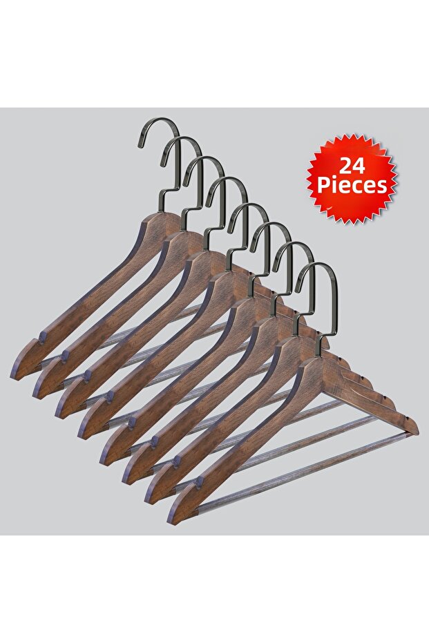 Wooden (Black Nickel Hook) Bar Hanger for Shirts and Trousers, Walnut Color, 24 Pieces