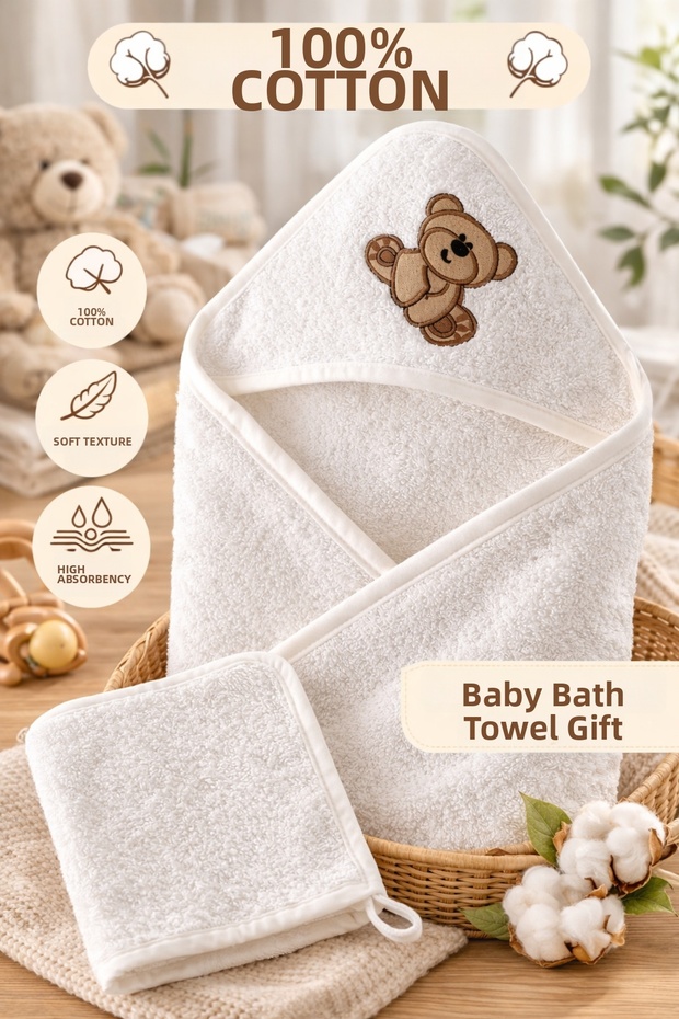 100% Cotton Teddy Bear Pattern Baby Swaddle Luxury Bath Towel and Bath Washcloth Set