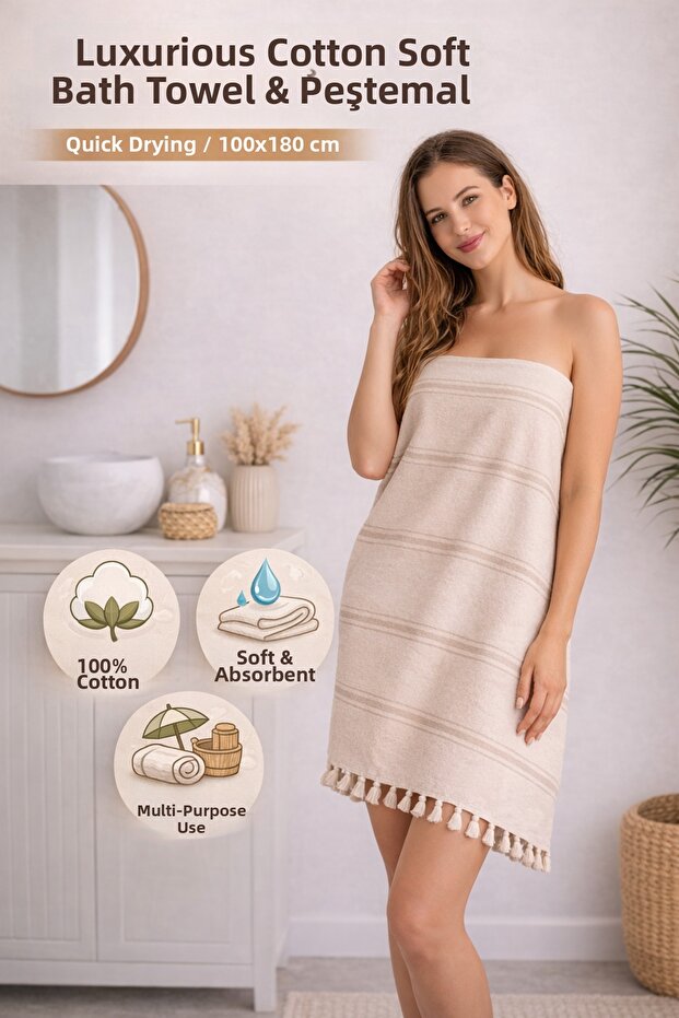 Cotton, Soft Luxury Bath Towel, Peshtamal 100X180 Cm.