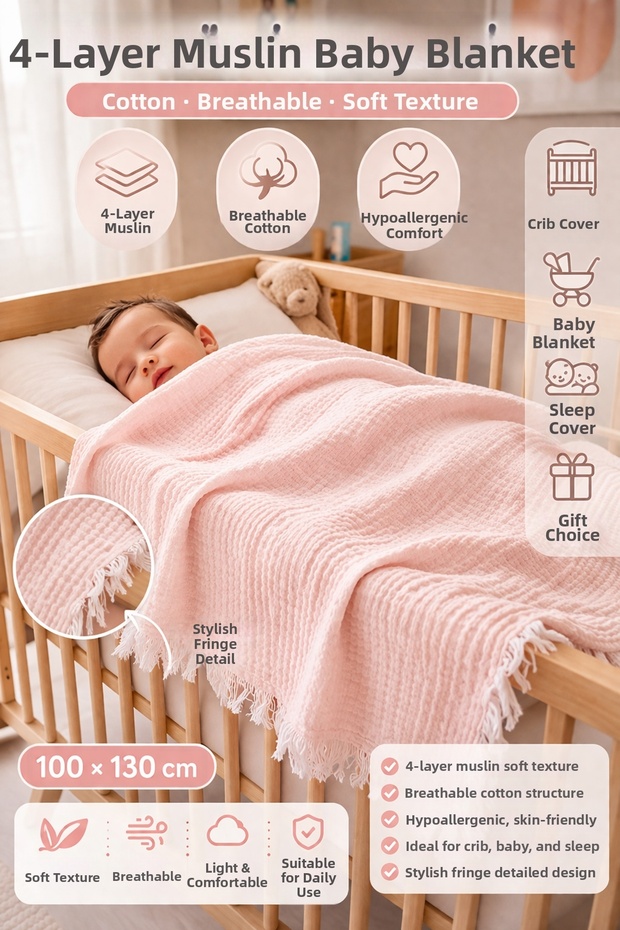 4 Layer Muslin Baby Blanket, 100X130 Tassel Detailed, Cotton, Breathable Soft Texture, Baby Blanket