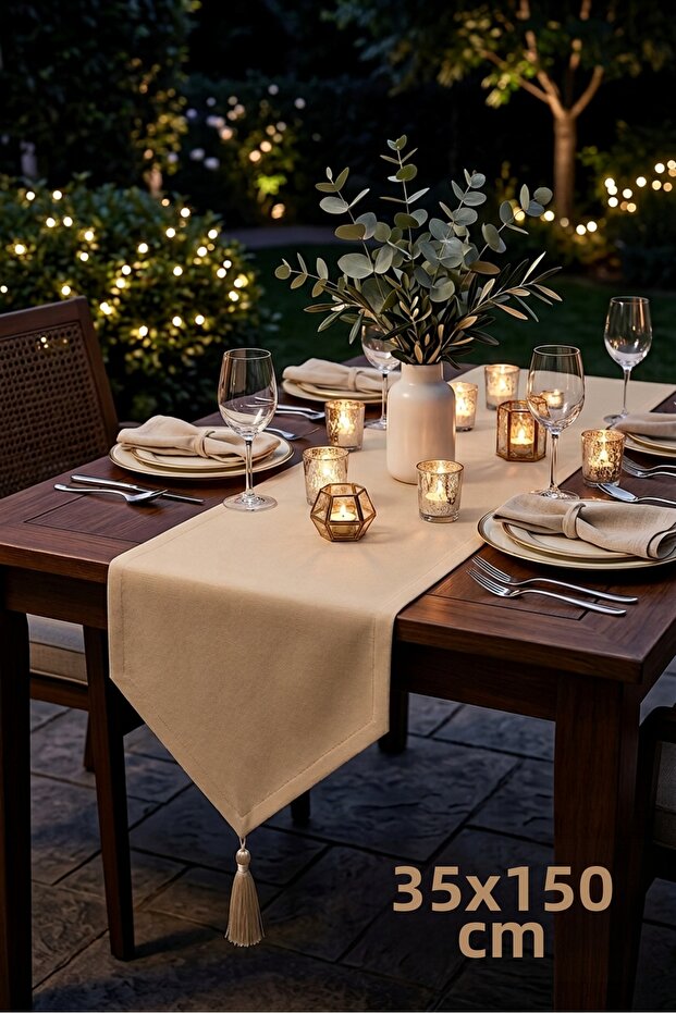 Luxury Linen Cream Runner Tablecloth Rustic Chic Tufted Decorative Table Cover 35X150 cm