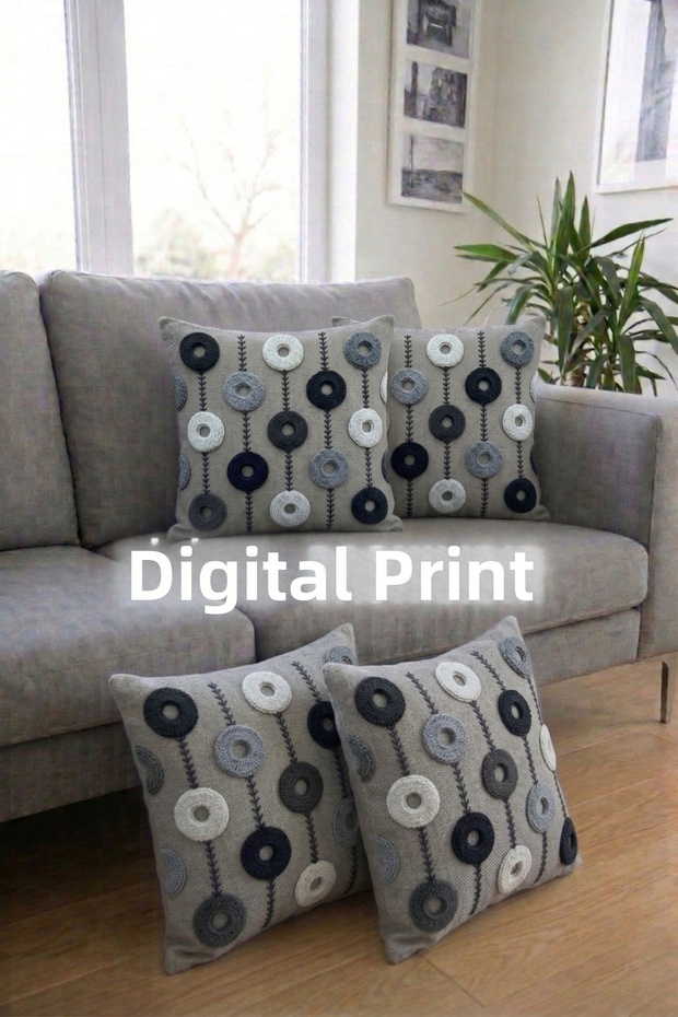Punch Embroidery Pattern 3D Digital Printed Gray Background Embroidery Round Pattern 4-Piece Throw Pillow Cover