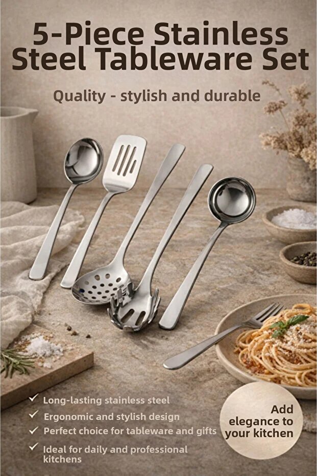 5 Pieces Stainless Steel Kitchen Utensils Set Durable Spaghetti Spoon Perforated Regular Ladle Spatula