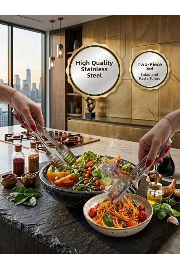 Stainless Steel Non-Tarnish Salad and Pasta Tongs Set - Practical Multi-Purpose Serving Set of Two