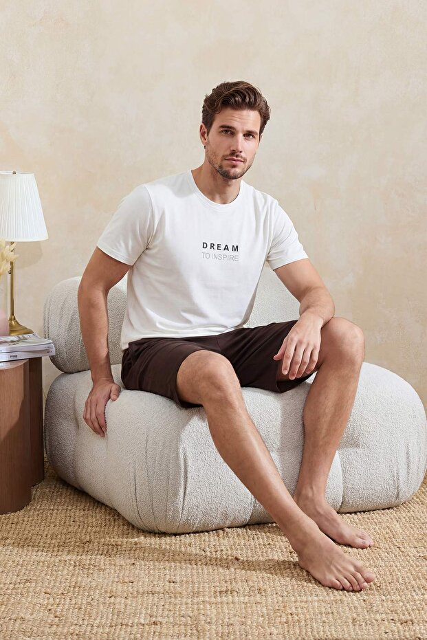 Ekru Regular Slogan Baskılı %100 Pamuk Yazlık Örme Pijama Takımı TMNSS26PT00059 - 2