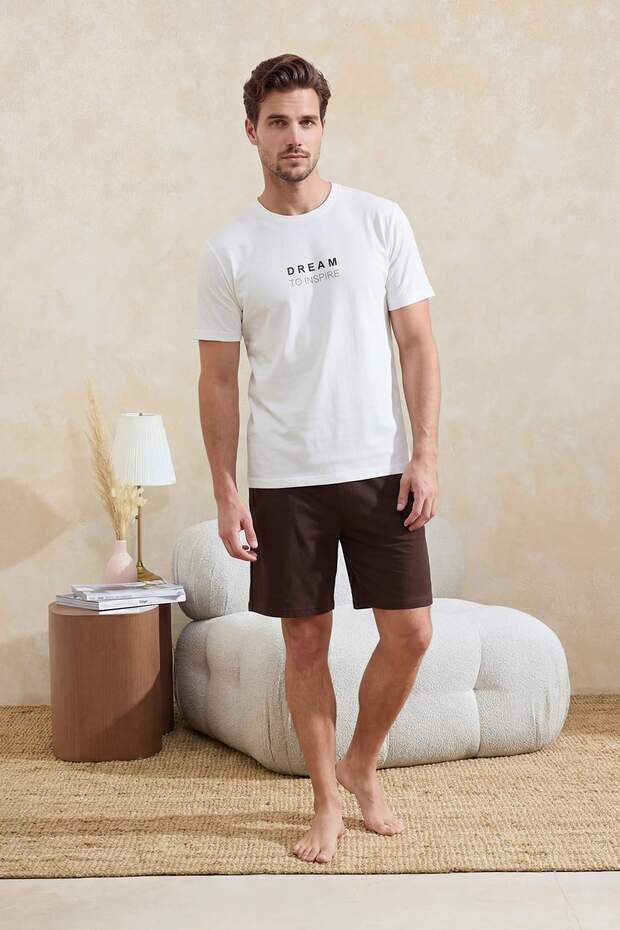 Ekru Regular Slogan Baskılı %100 Pamuk Yazlık Örme Pijama Takımı TMNSS26PT00059 - 1