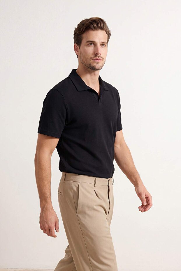 Black Regular/Normal Cut Soft Textured Interlock Polo Collar T-Shirt Tmnss26Po00034
