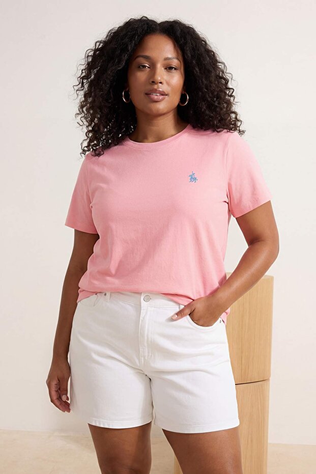 Pembe Bisiklet Yaka Nakış Detaylı Regular Fit Büyük Beden T-shirt TBBSS26BF00032 - 1