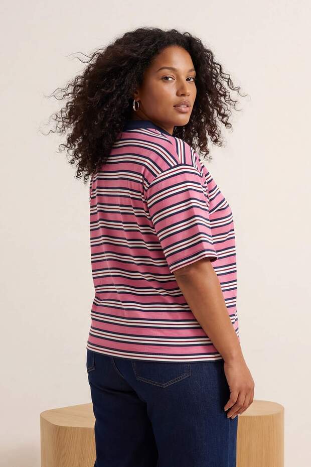Pembe Polo Yaka Çizgili Crop Örme Büyük Beden Bluz TBBSS26AF00120 - 4