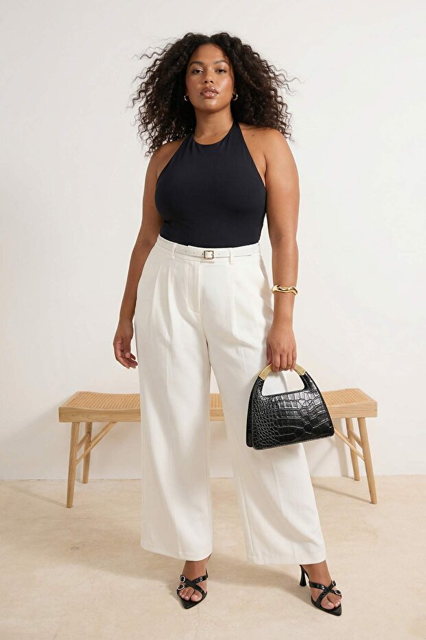 Beyaz Kemerli Pilili Wide Leg/Extra Geniş Paça Dokuma Palazzo Pantolon TBBSS26AR00003 - 3