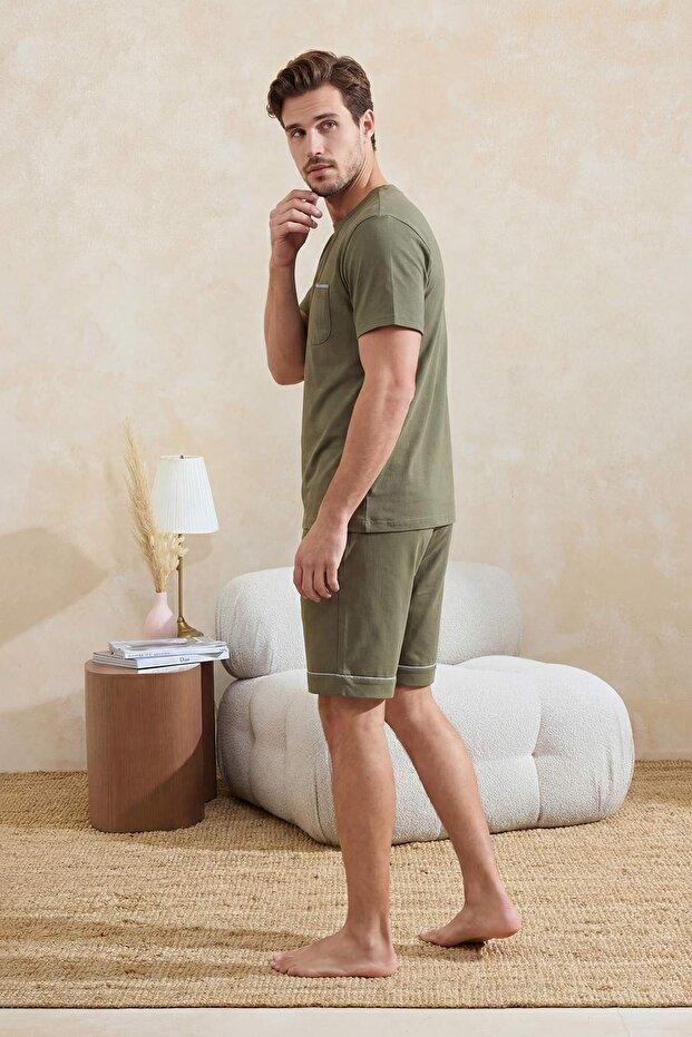 Haki Regular Fit Biyeli Örme Şortlu Pijama Takımı TMNSS24PT00021 - 3