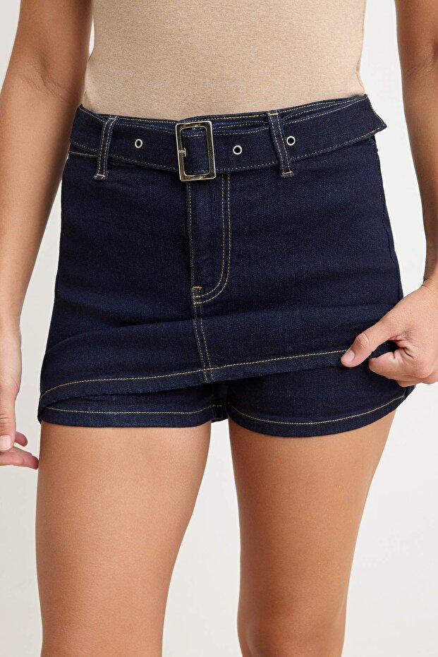 Koyu Mavi Kemer Detaylı Ekstra Esnek Denim Şort Etek TWOSS26SR00222 - 3