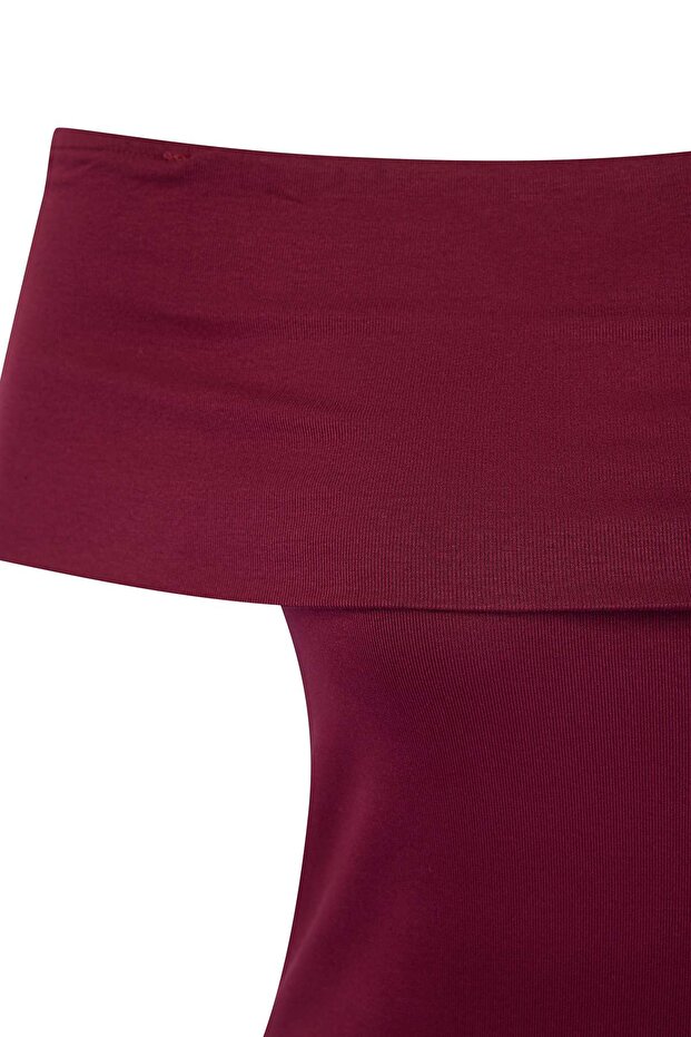 Bordo Carmen Yaka Yumuşak Tuşeli Viskon Ribana Örme Büyük Beden Bluz TBBSS26AF00107 - 5