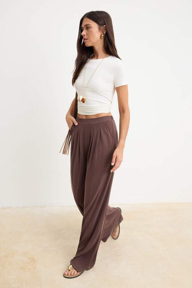 Kahverengi More Sustainable Yumuşak Modal Wide Leg/Geniş Kesim Premium Örme Pantolon TWOSS24PL00071 - 2