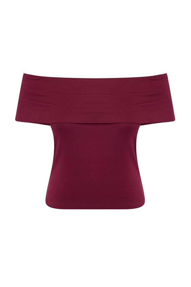 Bordo Carmen Yaka Yumuşak Tuşeli Viskon Ribana Örme Büyük Beden Bluz TBBSS26AF00107 - 4