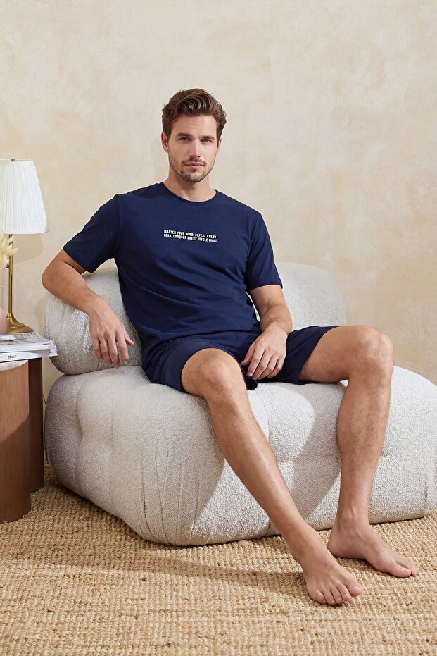 Navy Blue Regular Fit Printed 100% Cotton Summer Pajama Set Tmnss26Pt00038