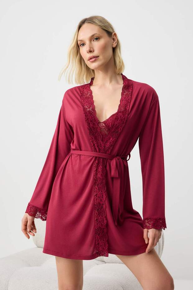 Bordo 4'lü Dantel Detaylı Sabahlık + Gecelik + Bralet + Şort Örme Pijama Takımı THMSS26PT00093 - 7