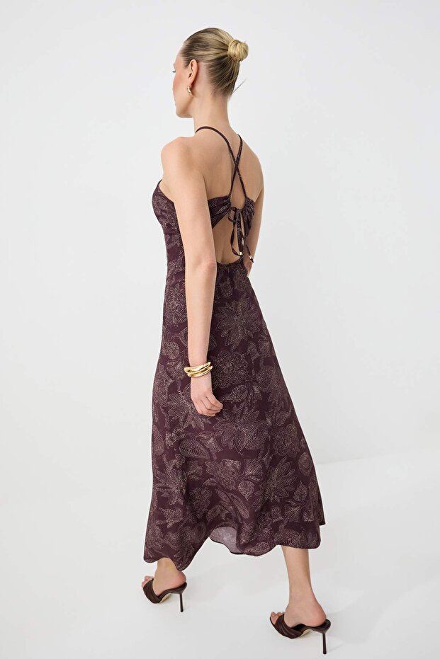 Bordo-Çok Renkli Büzgü Detaylı Maxi Dokuma Elbise TWOSS26EL00353 - 2
