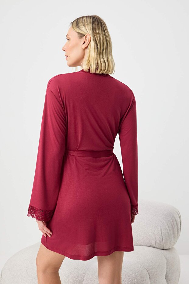 Bordo 4'lü Dantel Detaylı Sabahlık + Gecelik + Bralet + Şort Örme Pijama Takımı THMSS26PT00093 - 9