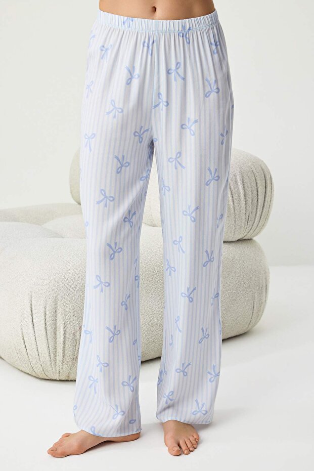 Lila-Çok Renkli Kurdele/Fiyonklu Viskon Dokuma Pijama Takımı THMAW21PT0936 - 3