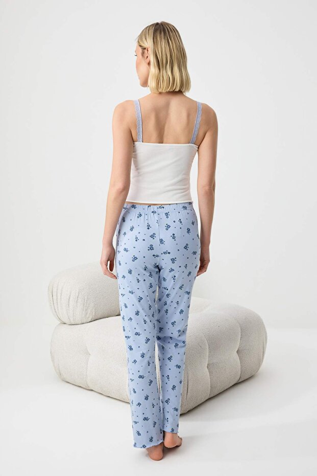 Beyaz-Mavi 3'lü Pamuklu Çiçekli Dantel Detaylı Alt Kaşkorse Örme Pijama Takımı THMSS26PT00015 - 8