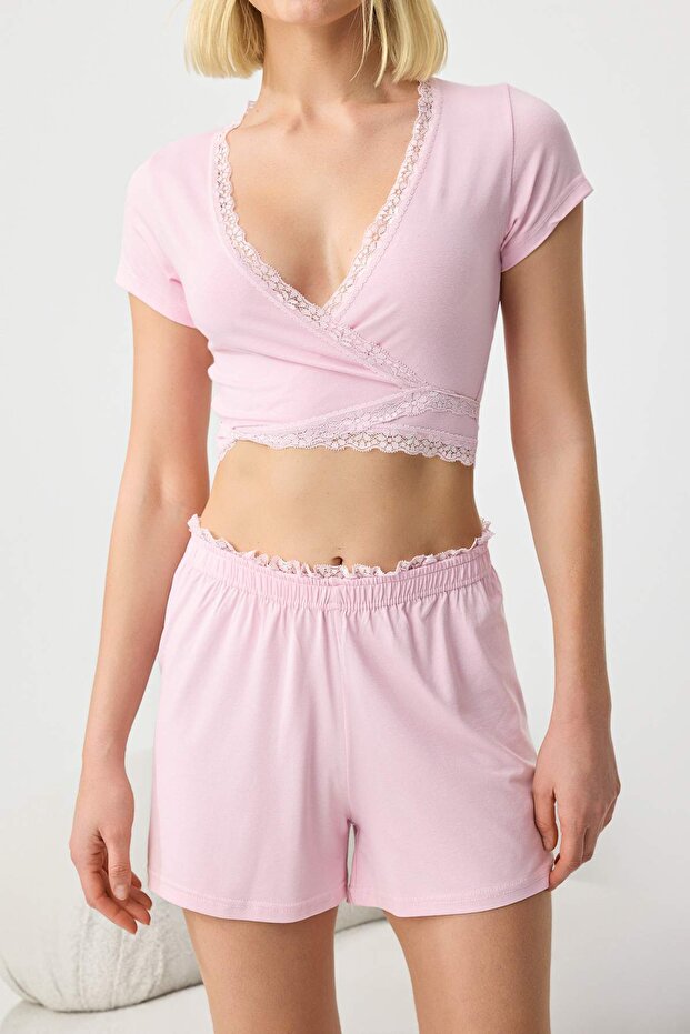 Pembe Kruvaze Dantel Detaylı Viskon Örme Pijama Takımı THMSS26PT00228 - 3