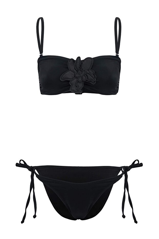 Siyah Straplez Kaplı Çiçek Aplikeli Normal Bel Regular Bikini Takımı TBESS26BT00019 - 4