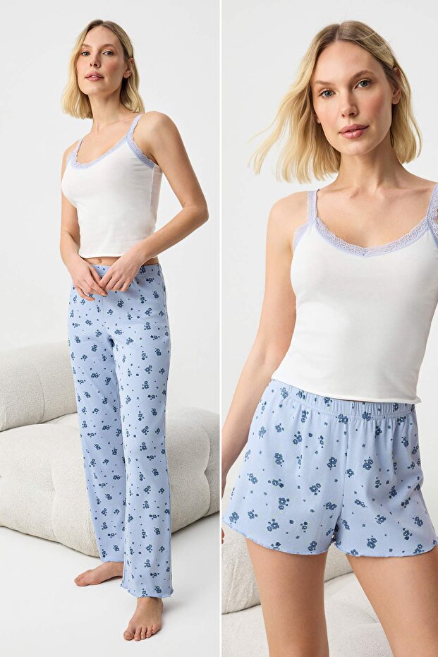 Trendyolmilla  Beyaz-Mavi 3'lü Pamuklu Çiçekli Dantel Detaylı Alt Kaşkorse Örme Pijama Takımı THMSS26PT00015 - Görsel 2