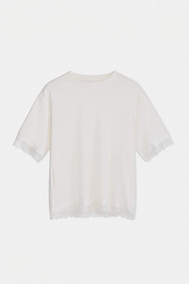 Bisiklet Yaka Kısa Kol Etek Ucu Kolu Dantelli Tshirt - 5