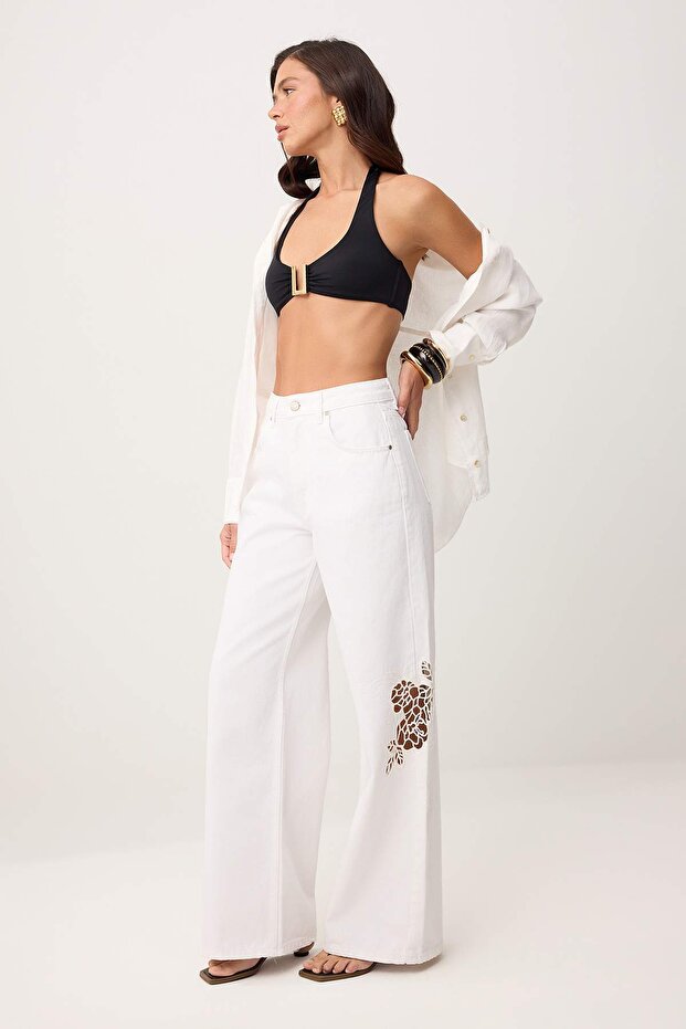 Beyaz Brode Detaylı Yüksek Bel %100 Pamuk Wide Leg Jeans TWOSS26JE00260 - 2