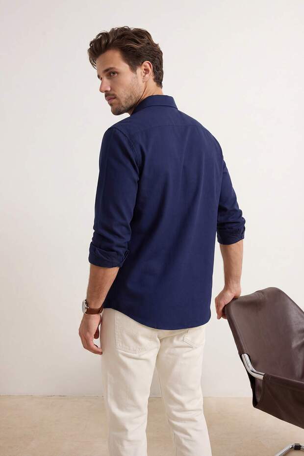 Lacivert Normal Kalıp/Regular Fit %100 Pamuk Yazlık Erkek Dokuma Gömlek TMNSS26GO00023 - 3
